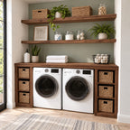 Washer Dryer Surround Laundry Cabinet with Twin Cubby Towers and Two Floating Shelves, Solid Wood