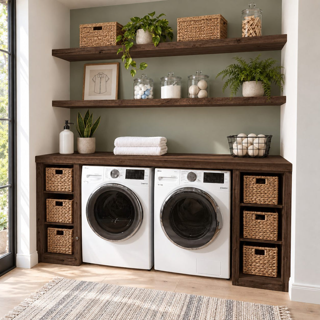 Washer Dryer Surround Laundry Cabinet with Twin Cubby Towers and Two Floating Shelves, Solid Wood
