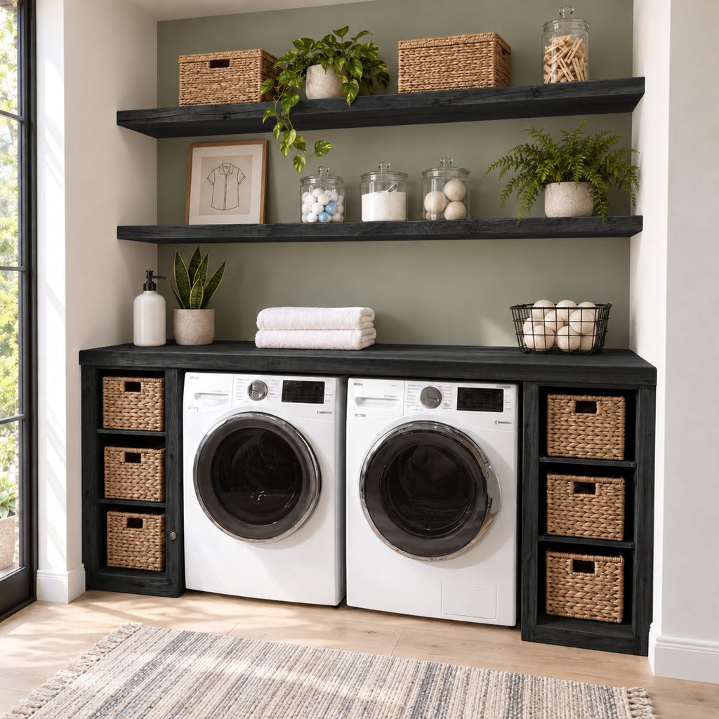 Washer Dryer Surround Laundry Cabinet with Twin Cubby Towers and Two Floating Shelves, Solid Wood