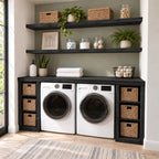 Washer Dryer Surround Laundry Cabinet with Twin Cubby Towers and Two Floating Shelves, Solid Wood