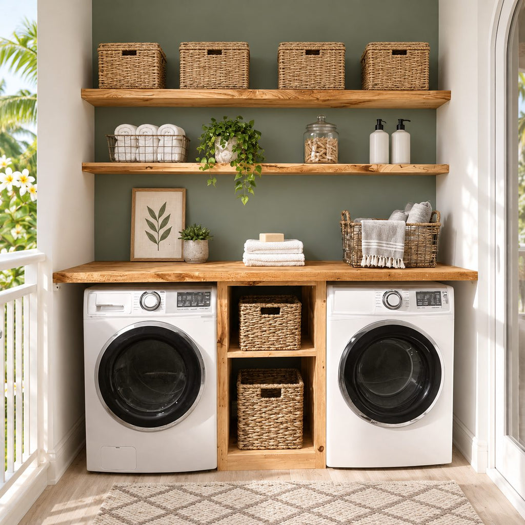 Side-by-Side Laundry Cabinet with Center Cubby Tower, Solid Wood Washer and Dryer Countertop Surround