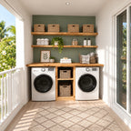 Side-by-Side Laundry Cabinet with Center Cubby Tower, Solid Wood Washer and Dryer Countertop Surround