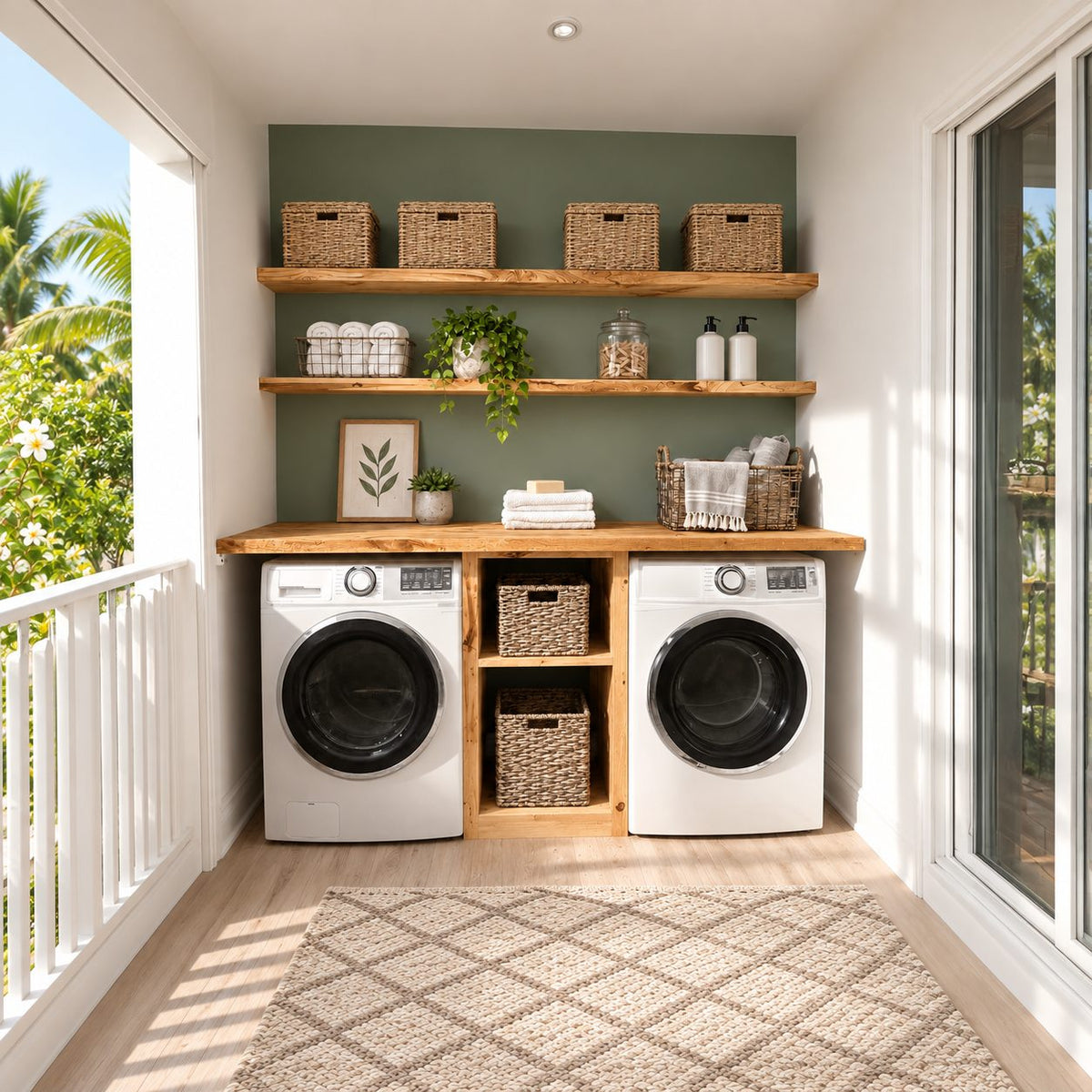 Side-by-Side Laundry Cabinet with Center Cubby Tower, Solid Wood Washer and Dryer Countertop Surround