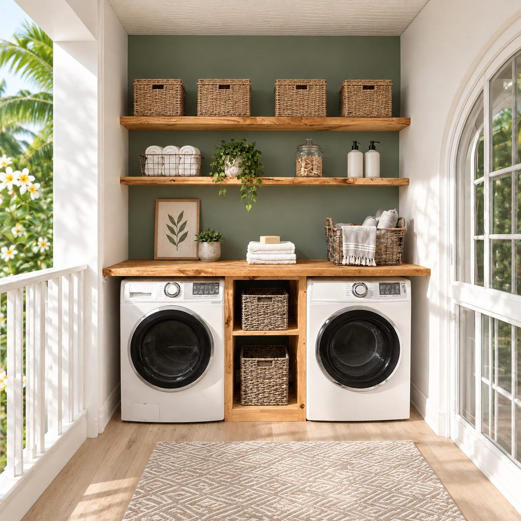 Side-by-Side Laundry Cabinet with Center Cubby Tower, Solid Wood Washer and Dryer Countertop Surround