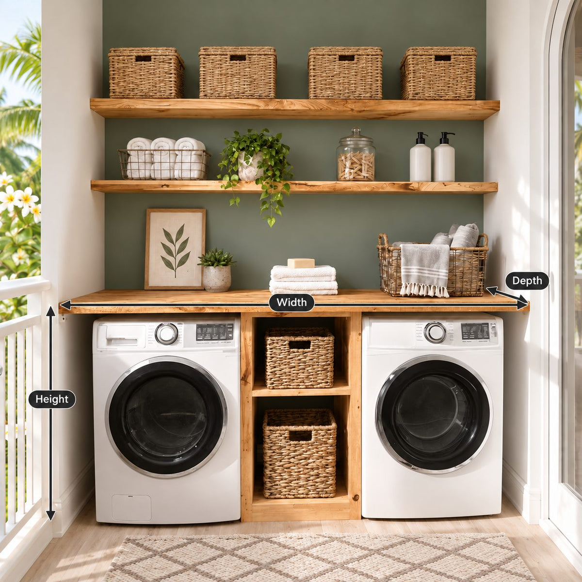 Side-by-Side Laundry Cabinet with Center Cubby Tower, Solid Wood Washer and Dryer Countertop Surround