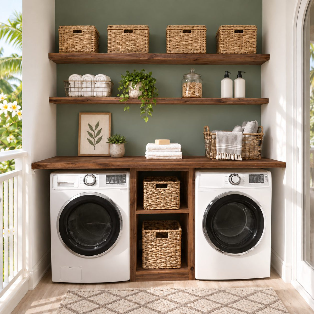 Side-by-Side Laundry Cabinet with Center Cubby Tower, Solid Wood Washer and Dryer Countertop Surround