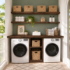 Side-by-Side Laundry Cabinet with Center Cubby Tower, Solid Wood Washer and Dryer Countertop Surround