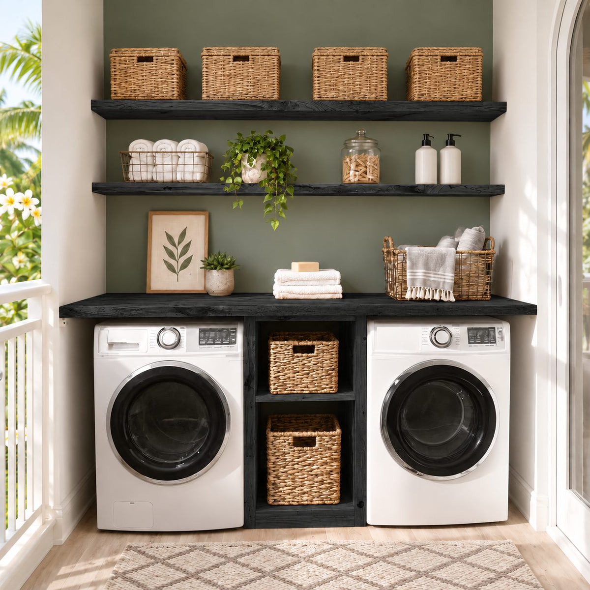 Side-by-Side Laundry Cabinet with Center Cubby Tower, Solid Wood Washer and Dryer Countertop Surround