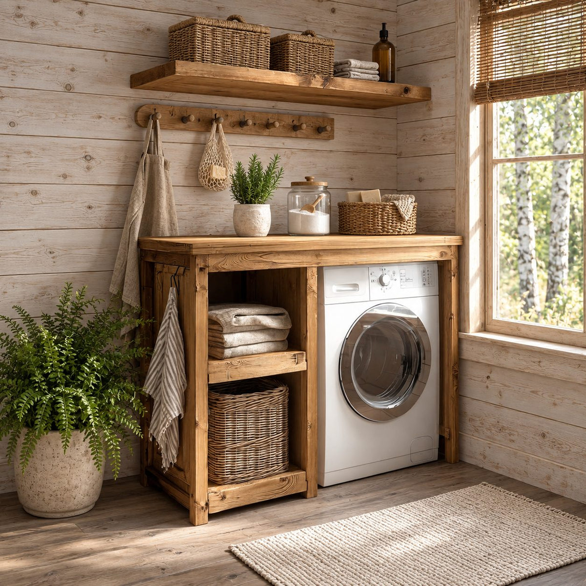 Single Washer Laundry Cabinet with Open Side Shelves and Matching Wall Shelf, Rustic Solid Wood Unit