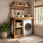 Single Washer Laundry Cabinet with Open Side Shelves and Matching Wall Shelf, Rustic Solid Wood Unit