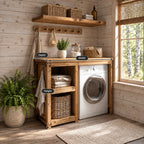 Single Washer Laundry Cabinet with Open Side Shelves and Matching Wall Shelf, Rustic Solid Wood Unit