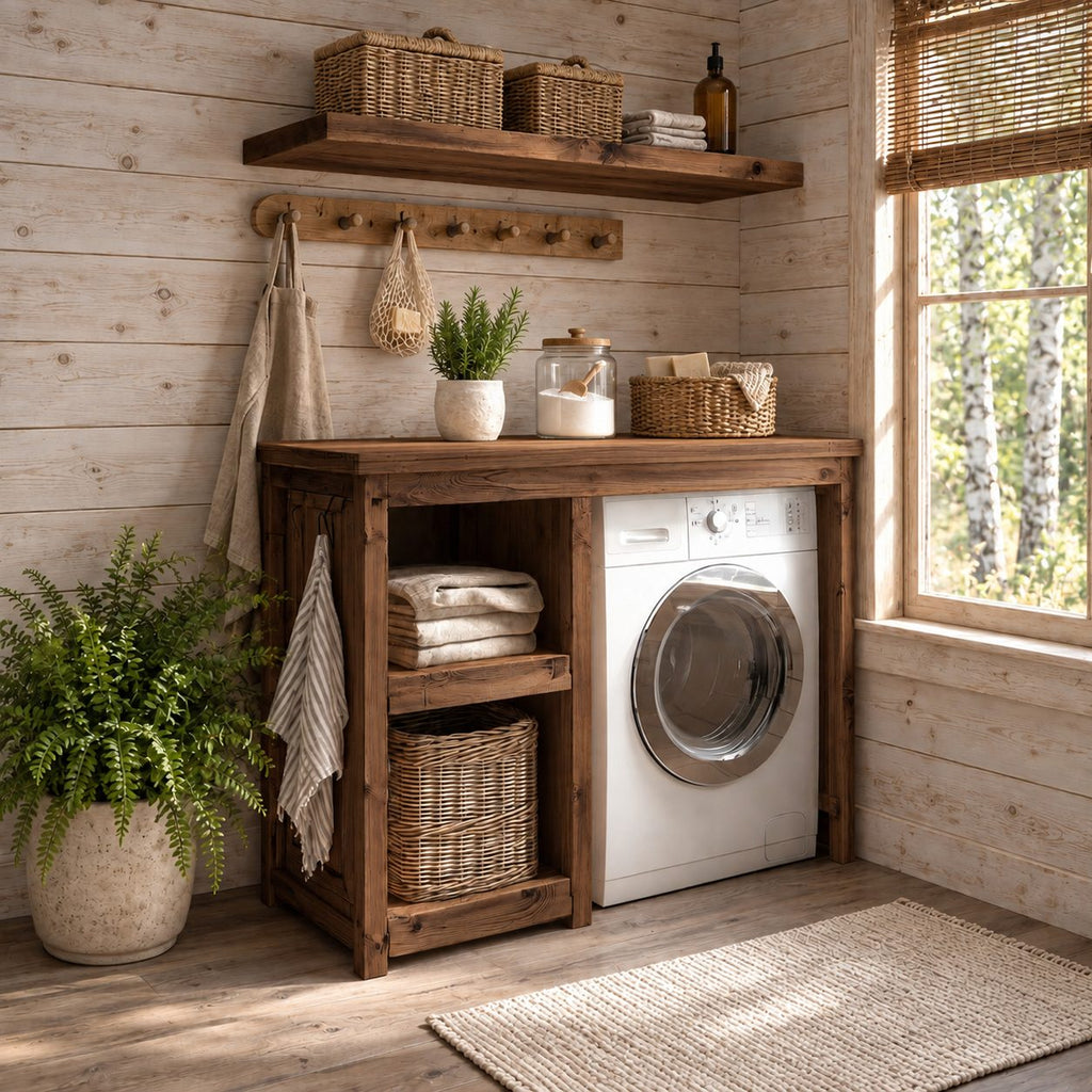 Single Washer Laundry Cabinet with Open Side Shelves and Matching Wall Shelf, Rustic Solid Wood Unit