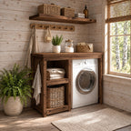 Single Washer Laundry Cabinet with Open Side Shelves and Matching Wall Shelf, Rustic Solid Wood Unit