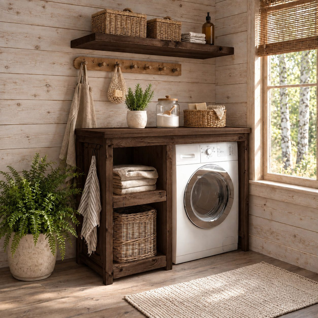 Single Washer Laundry Cabinet with Open Side Shelves and Matching Wall Shelf, Rustic Solid Wood Unit