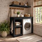 Single Washer Laundry Cabinet with Open Side Shelves and Matching Wall Shelf, Rustic Solid Wood Unit