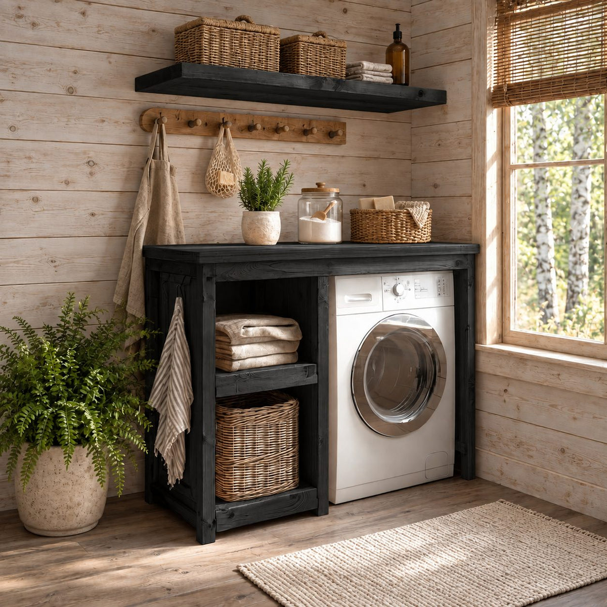 Single Washer Laundry Cabinet with Open Side Shelves and Matching Wall Shelf, Rustic Solid Wood Unit