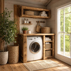 Laundry Nook Cabinet with Three-Cubby Side Tower and Open Box Wall Shelf, Solid Wood Washer Surround