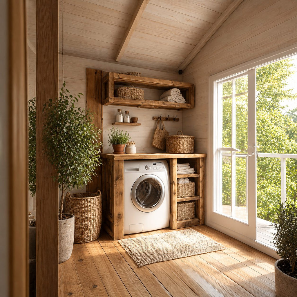 Laundry Nook Cabinet with Three-Cubby Side Tower and Open Box Wall Shelf, Solid Wood Washer Surround