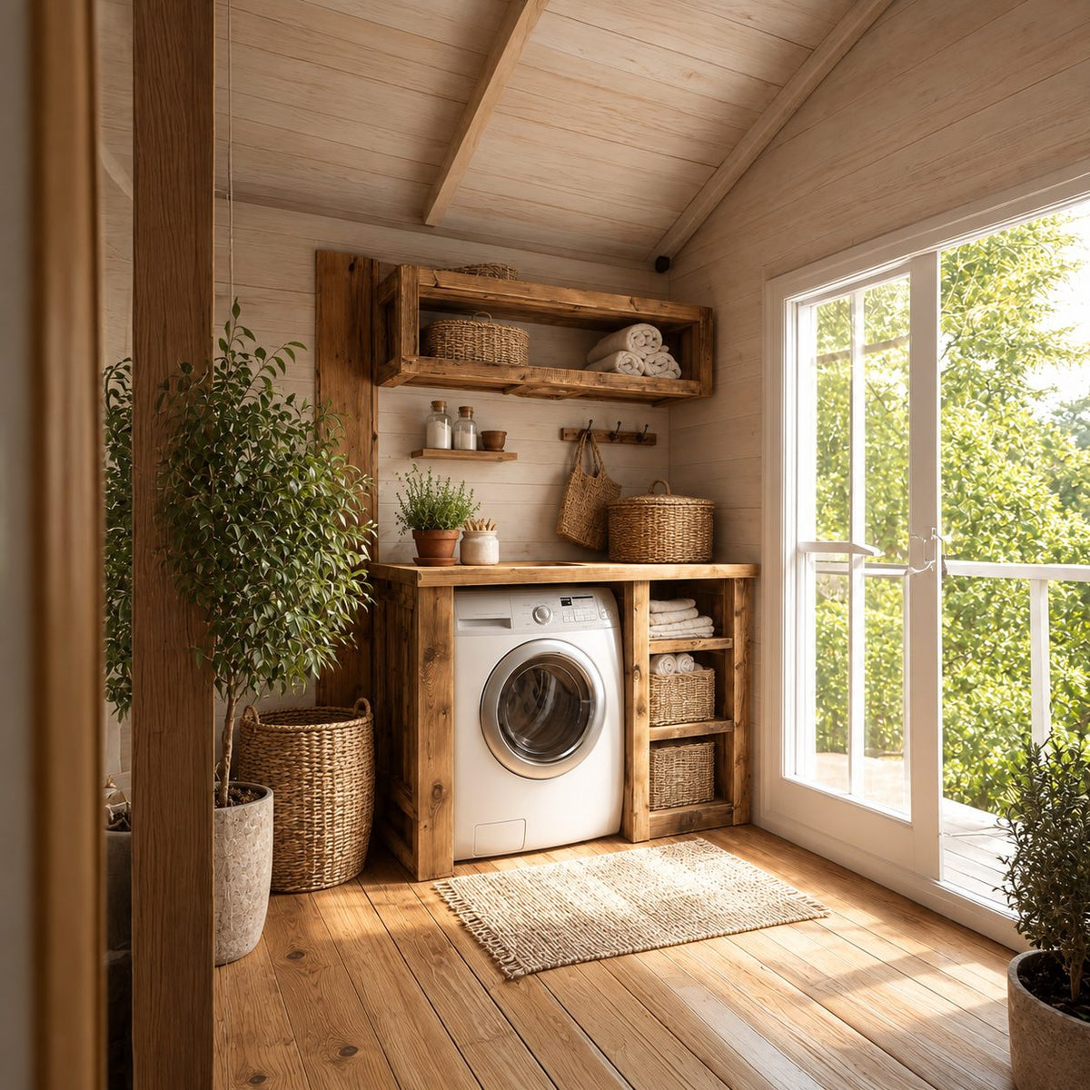 Laundry Nook Cabinet with Three-Cubby Side Tower and Open Box Wall Shelf, Solid Wood Washer Surround