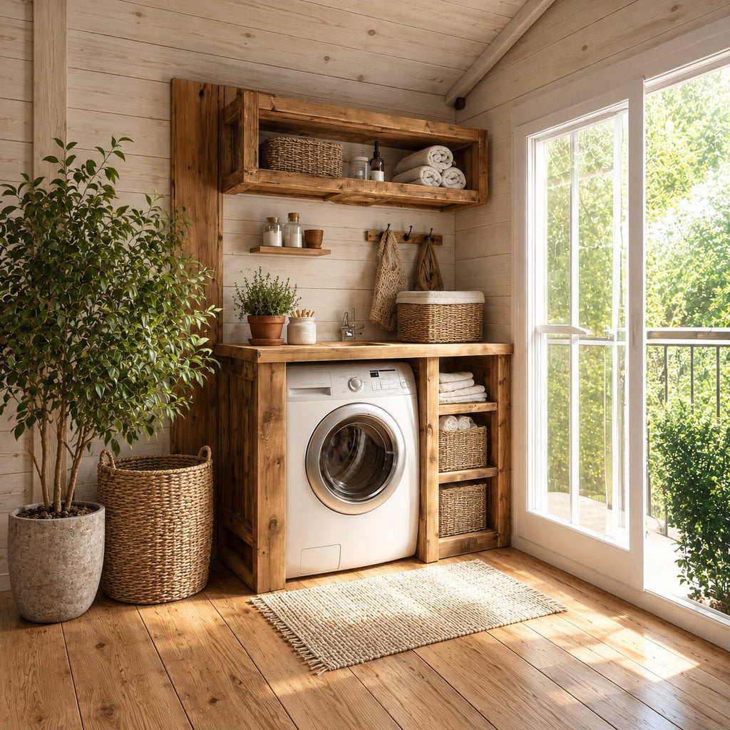 Laundry Nook Cabinet with Three-Cubby Side Tower and Open Box Wall Shelf, Solid Wood Washer Surround
