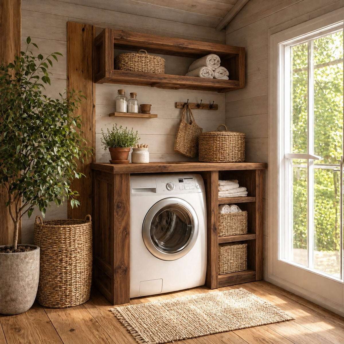 Laundry Nook Cabinet with Three-Cubby Side Tower and Open Box Wall Shelf, Solid Wood Washer Surround