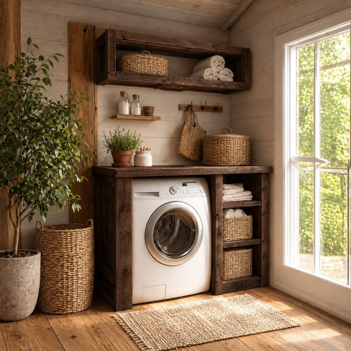 Laundry Nook Cabinet with Three-Cubby Side Tower and Open Box Wall Shelf, Solid Wood Washer Surround