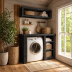 Laundry Nook Cabinet with Three-Cubby Side Tower and Open Box Wall Shelf, Solid Wood Washer Surround