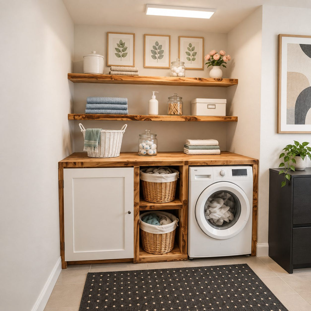 Shaker Door Laundry Cabinet with Basket Cubbies and Open Wood Wall Shelves, Solid Wood Washer Surround