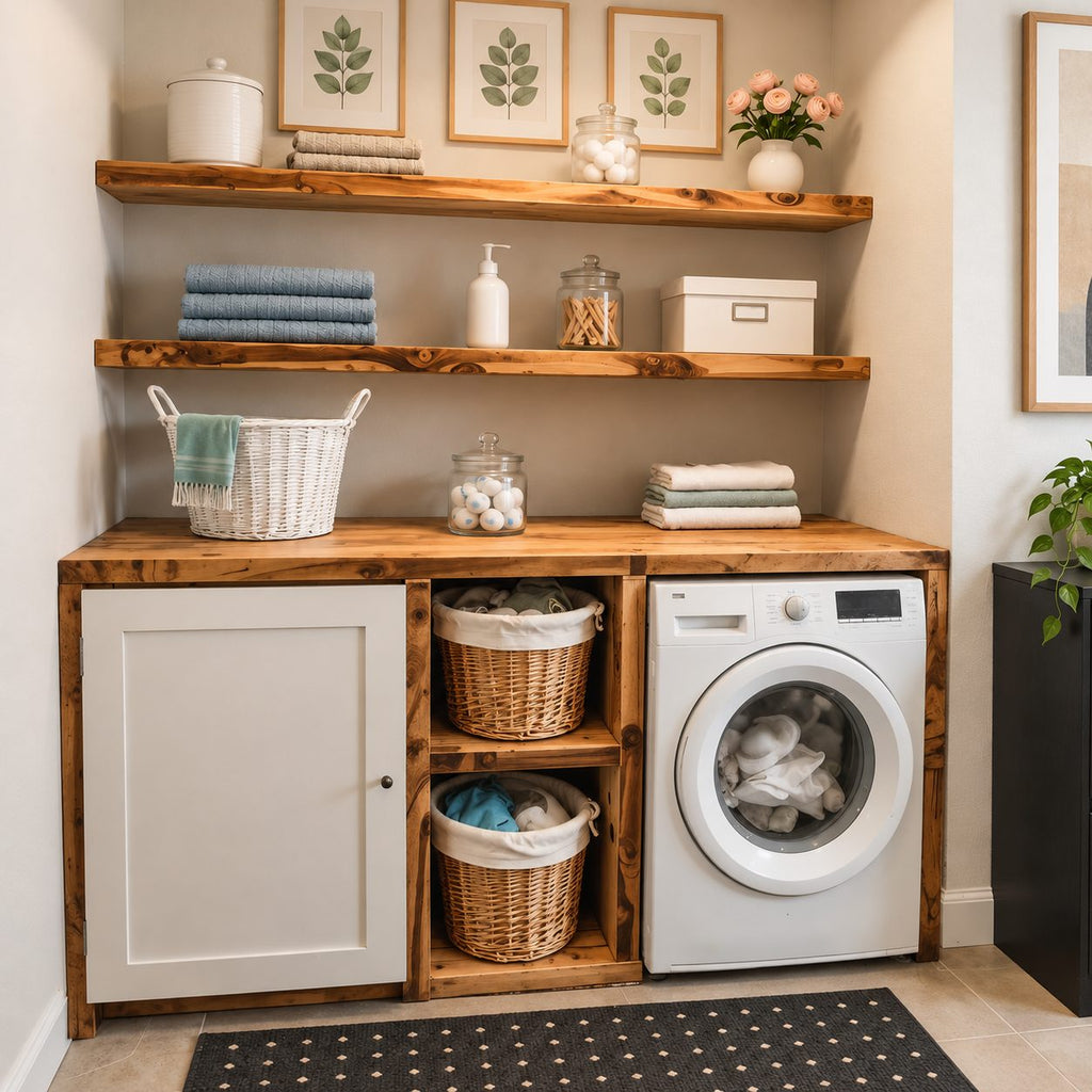 Shaker Door Laundry Cabinet with Basket Cubbies and Open Wood Wall Shelves, Solid Wood Washer Surround