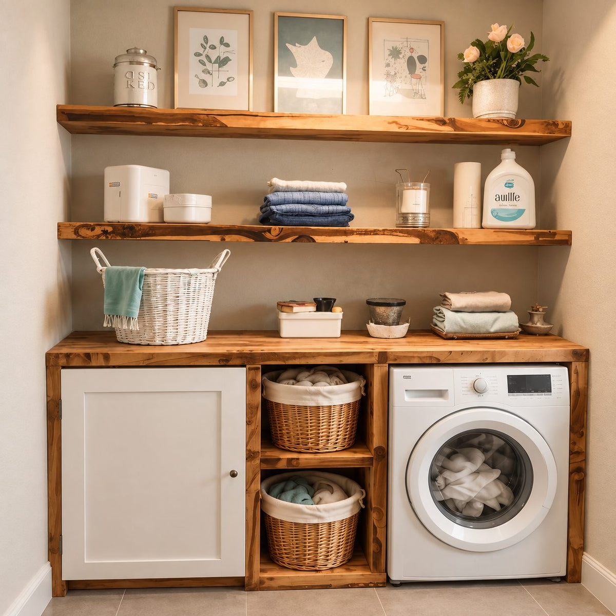 Shaker Door Laundry Cabinet with Basket Cubbies and Open Wood Wall Shelves, Solid Wood Washer Surround