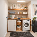 Shaker Door Laundry Cabinet with Basket Cubbies and Open Wood Wall Shelves, Solid Wood Washer Surround