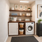 Shaker Door Laundry Cabinet with Basket Cubbies and Open Wood Wall Shelves, Solid Wood Washer Surround