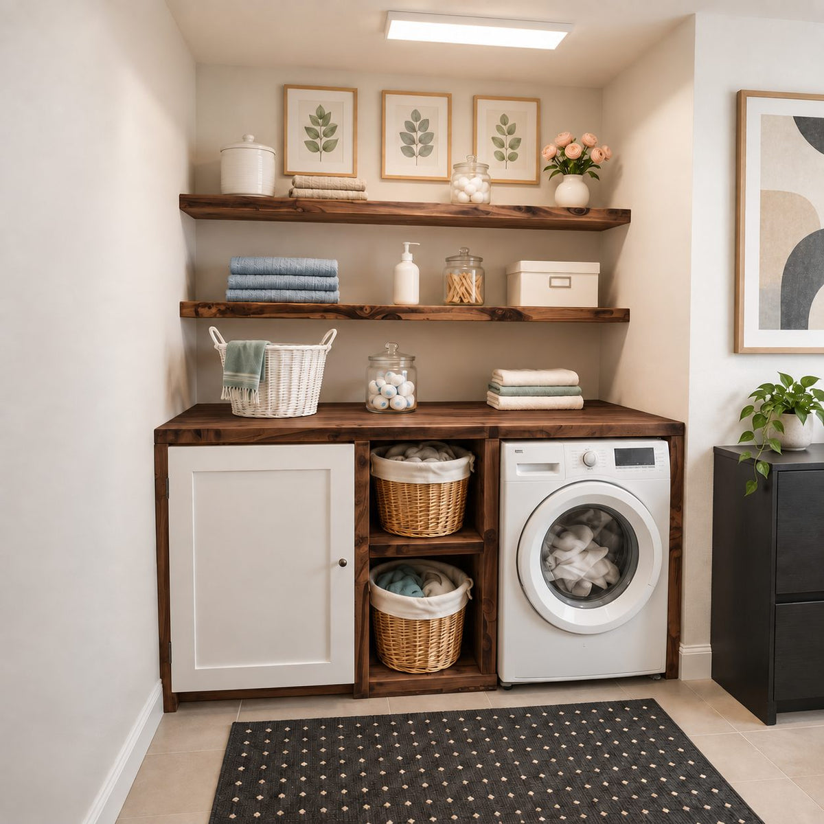 Shaker Door Laundry Cabinet with Basket Cubbies and Open Wood Wall Shelves, Solid Wood Washer Surround
