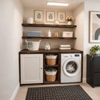 Shaker Door Laundry Cabinet with Basket Cubbies and Open Wood Wall Shelves, Solid Wood Washer Surround