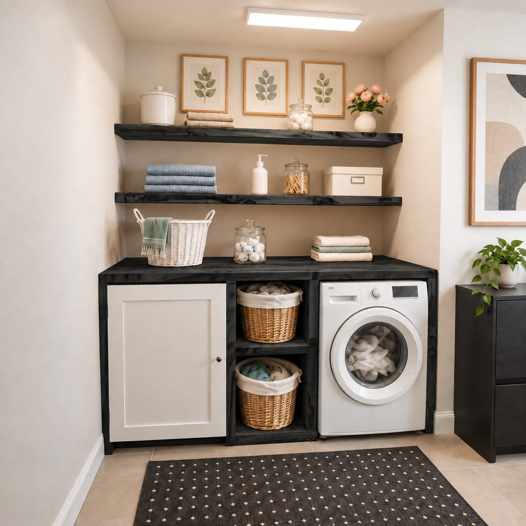 Shaker Door Laundry Cabinet with Basket Cubbies and Open Wood Wall Shelves, Solid Wood Washer Surround