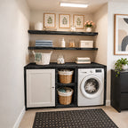 Shaker Door Laundry Cabinet with Basket Cubbies and Open Wood Wall Shelves, Solid Wood Washer Surround