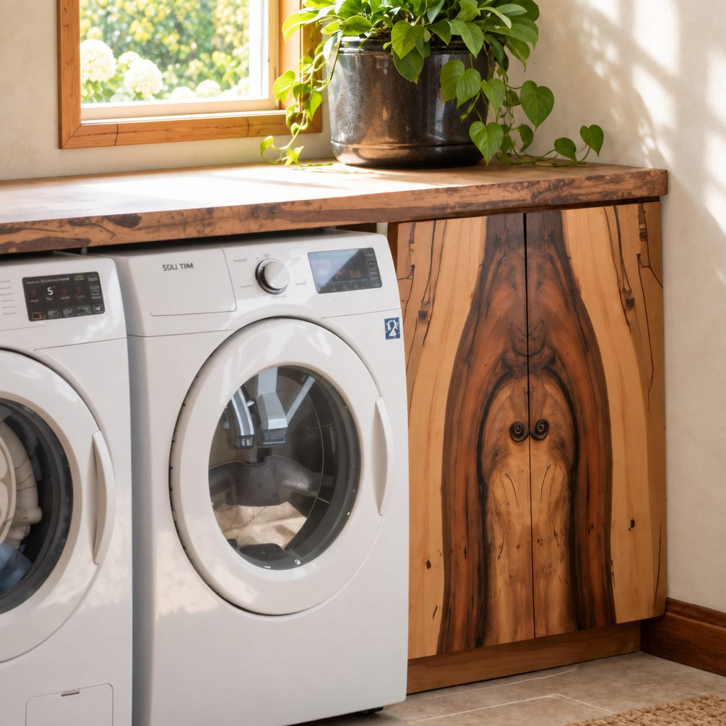 Figured Grain Door Laundry Cabinet for Washer and Dryer, Live Edge Solid Wood Washer Dryer Surround
