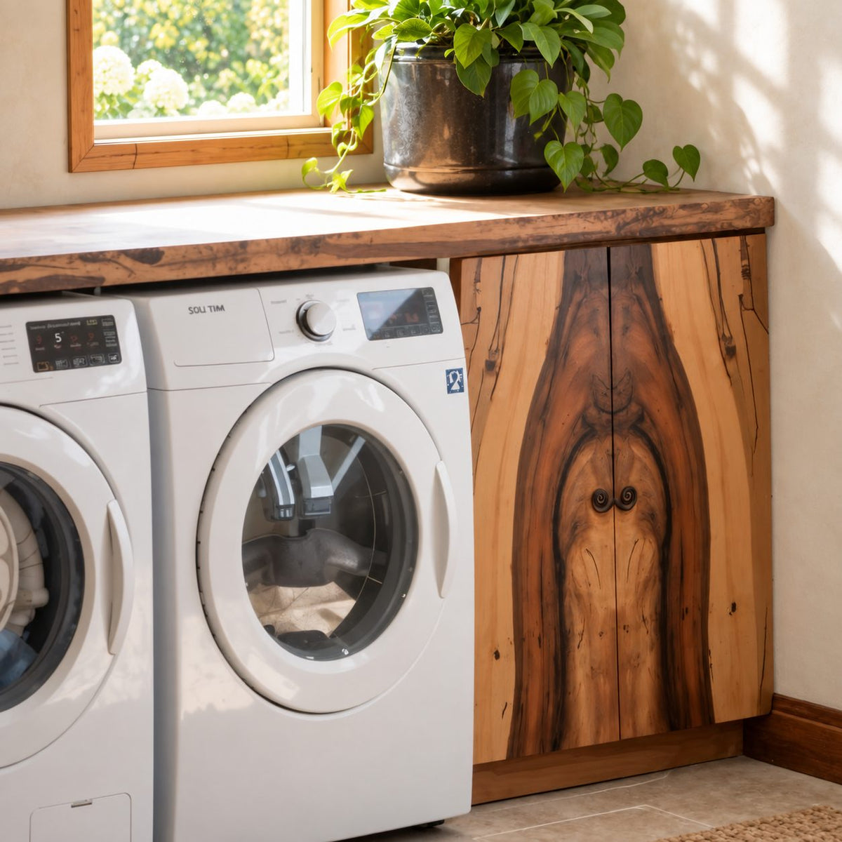 Figured Grain Door Laundry Cabinet for Washer and Dryer, Live Edge Solid Wood Washer Dryer Surround