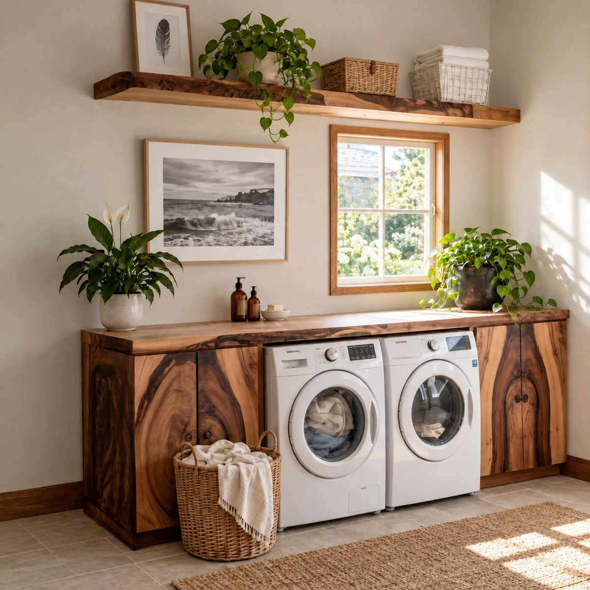Figured Grain Door Laundry Cabinet for Washer and Dryer, Live Edge Solid Wood Washer Dryer Surround