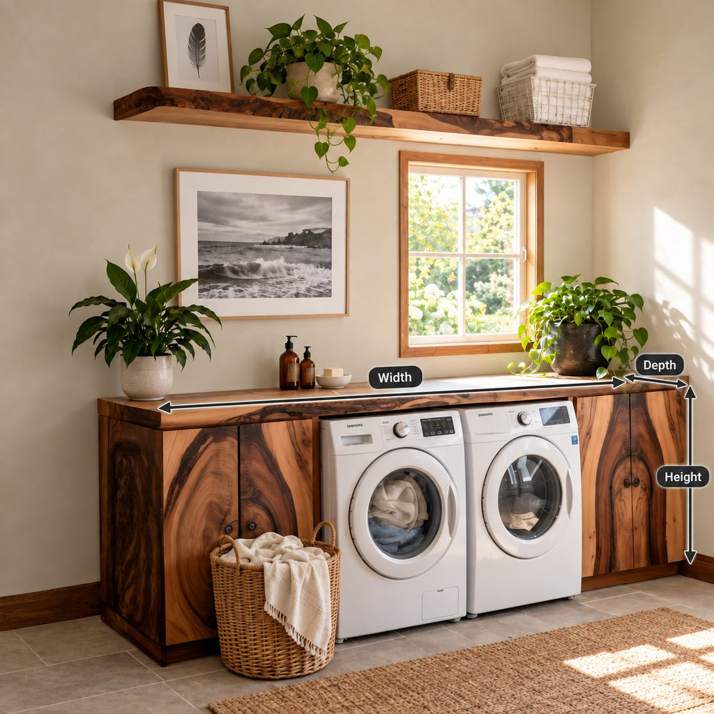 Figured Grain Door Laundry Cabinet for Washer and Dryer, Live Edge Solid Wood Washer Dryer Surround
