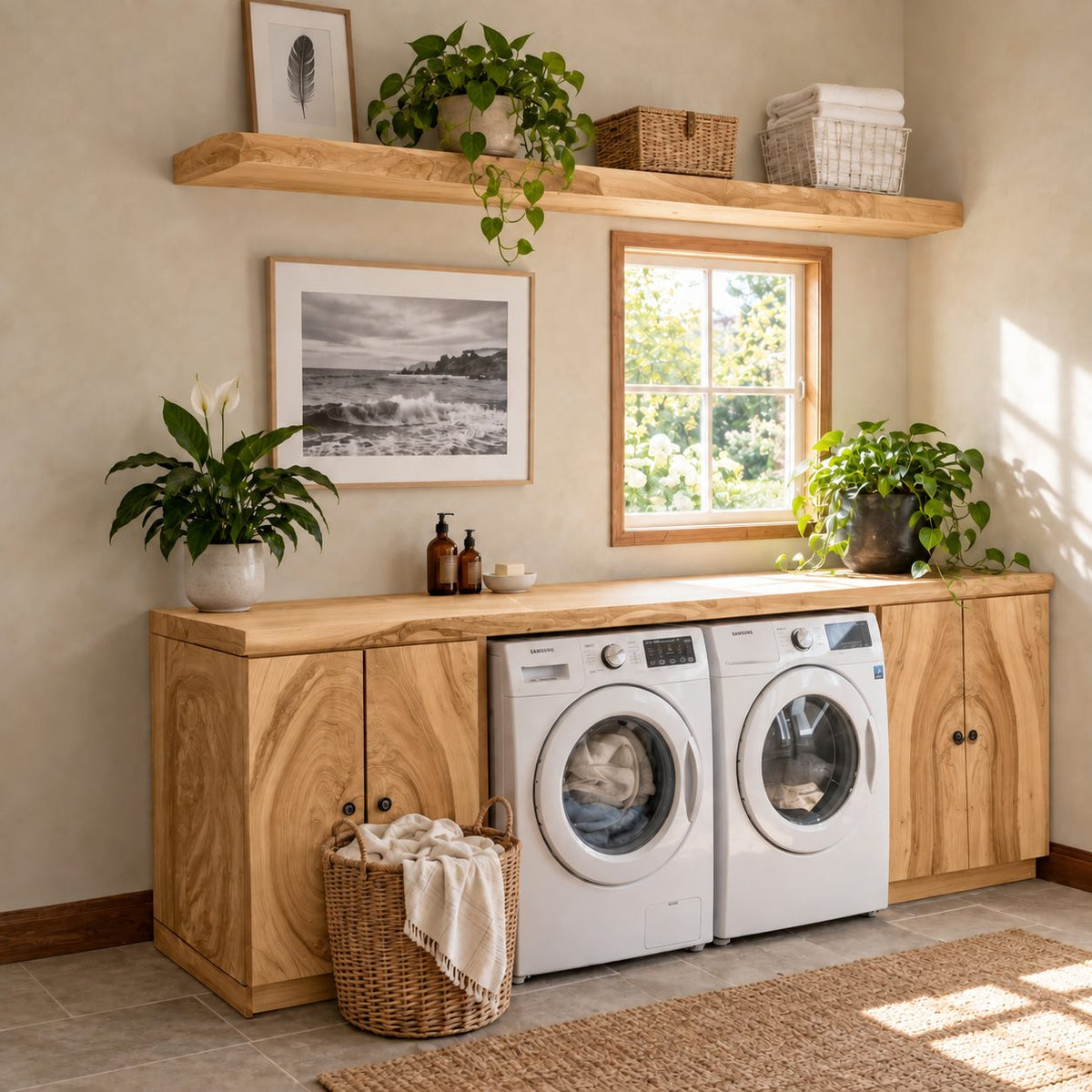 Figured Grain Door Laundry Cabinet for Washer and Dryer, Live Edge Solid Wood Washer Dryer Surround