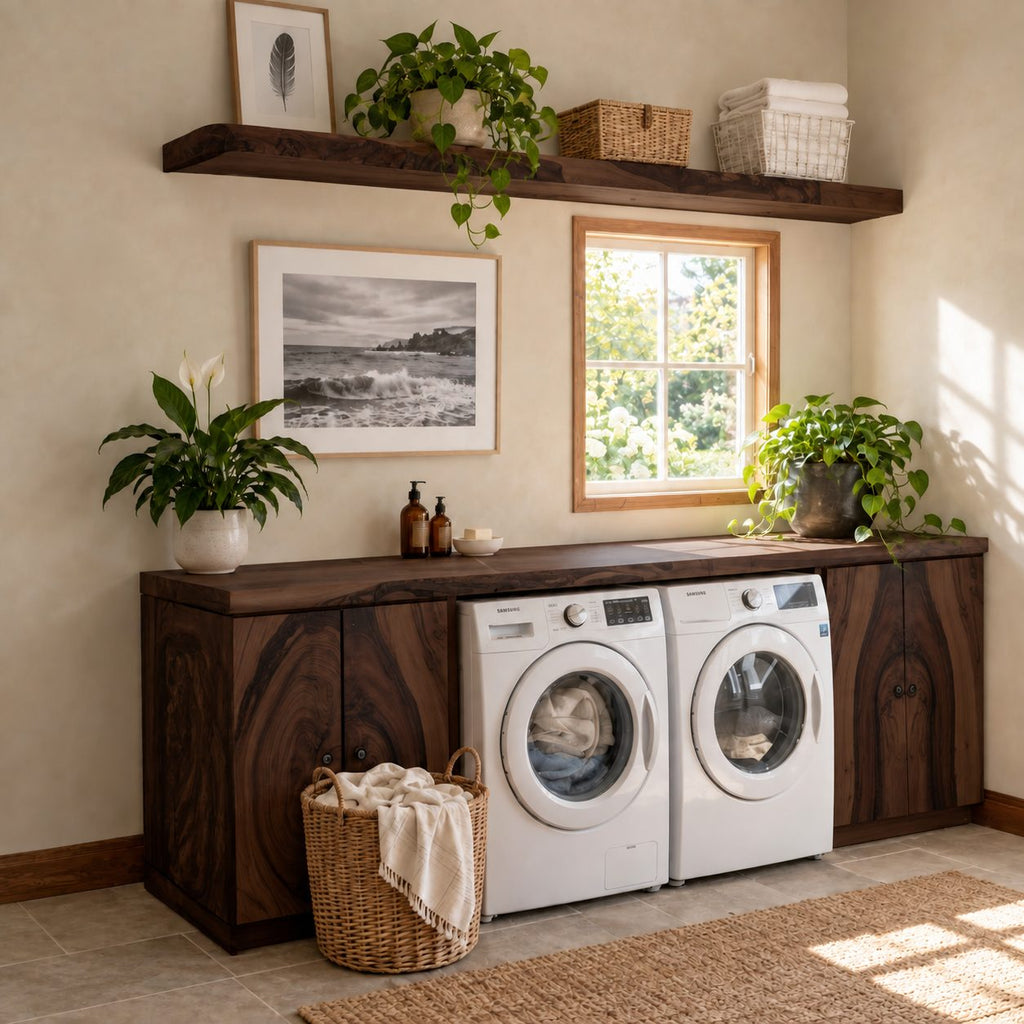 Figured Grain Door Laundry Cabinet for Washer and Dryer, Live Edge Solid Wood Washer Dryer Surround