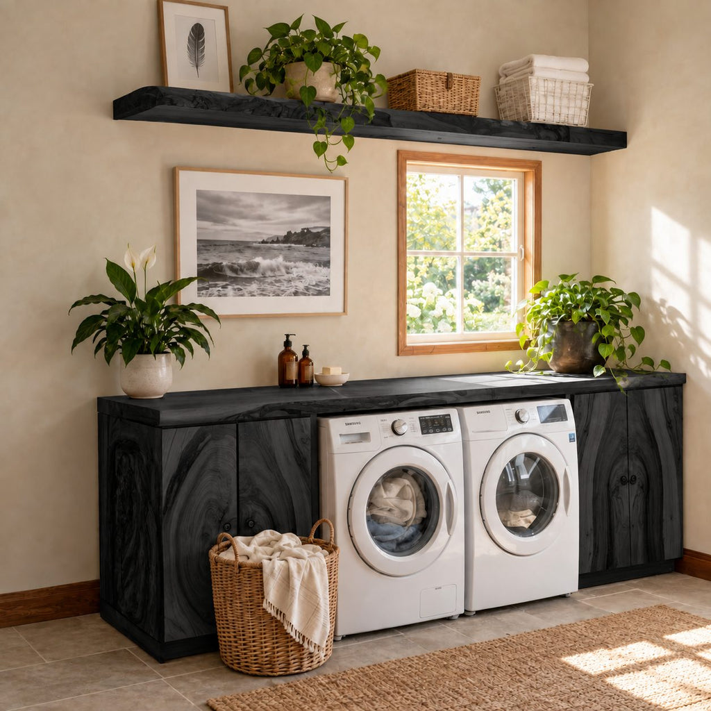 Figured Grain Door Laundry Cabinet for Washer and Dryer, Live Edge Solid Wood Washer Dryer Surround
