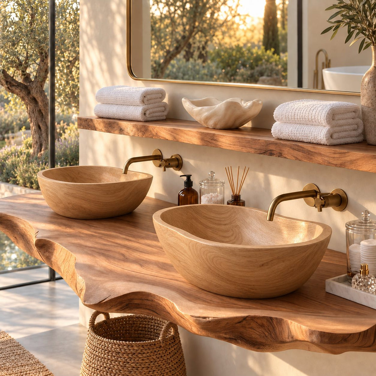 Smooth Oval Wooden Vessel Sink with Thin Rounded Rim, Solid Wood Countertop Bathroom Basin Bowl