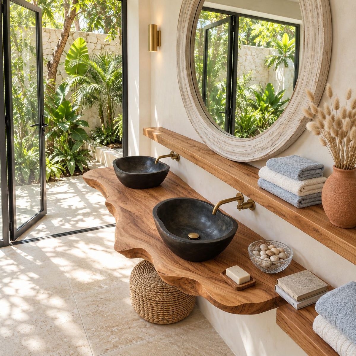 Smooth Oval Wooden Vessel Sink with Thin Rounded Rim, Solid Wood Countertop Bathroom Basin Bowl