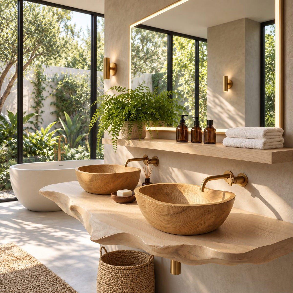 Smooth Oval Wooden Vessel Sink with Thin Rounded Rim, Solid Wood Countertop Bathroom Basin Bowl