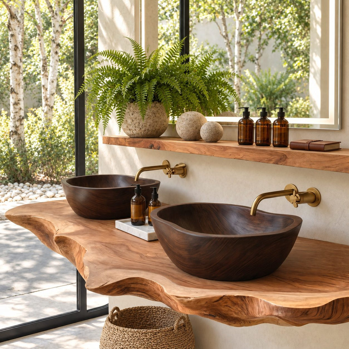 Smooth Oval Wooden Vessel Sink with Thin Rounded Rim, Solid Wood Countertop Bathroom Basin Bowl