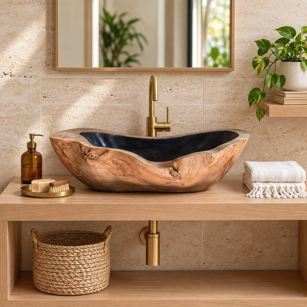 Canoe Shaped Wooden Vessel Sink with Knotty Burl Exterior and Sealed Interior, Solid Wood Basin Bowl