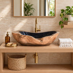 Canoe Shaped Wooden Vessel Sink with Knotty Burl Exterior and Sealed Interior, Solid Wood Basin Bowl