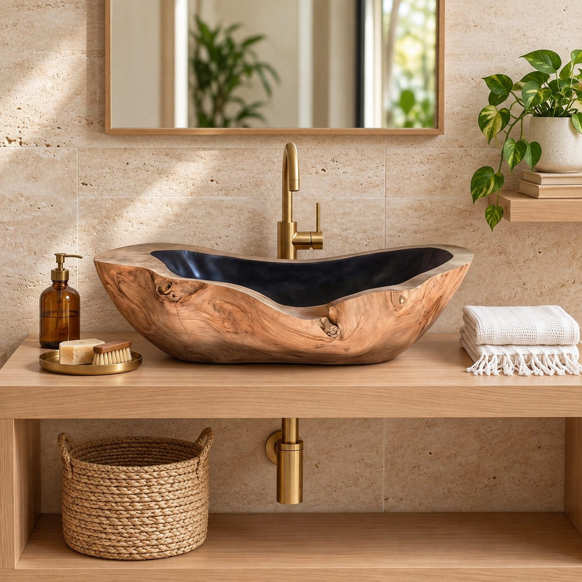 Canoe Shaped Wooden Vessel Sink with Knotty Burl Exterior and Sealed Interior, Solid Wood Basin Bowl